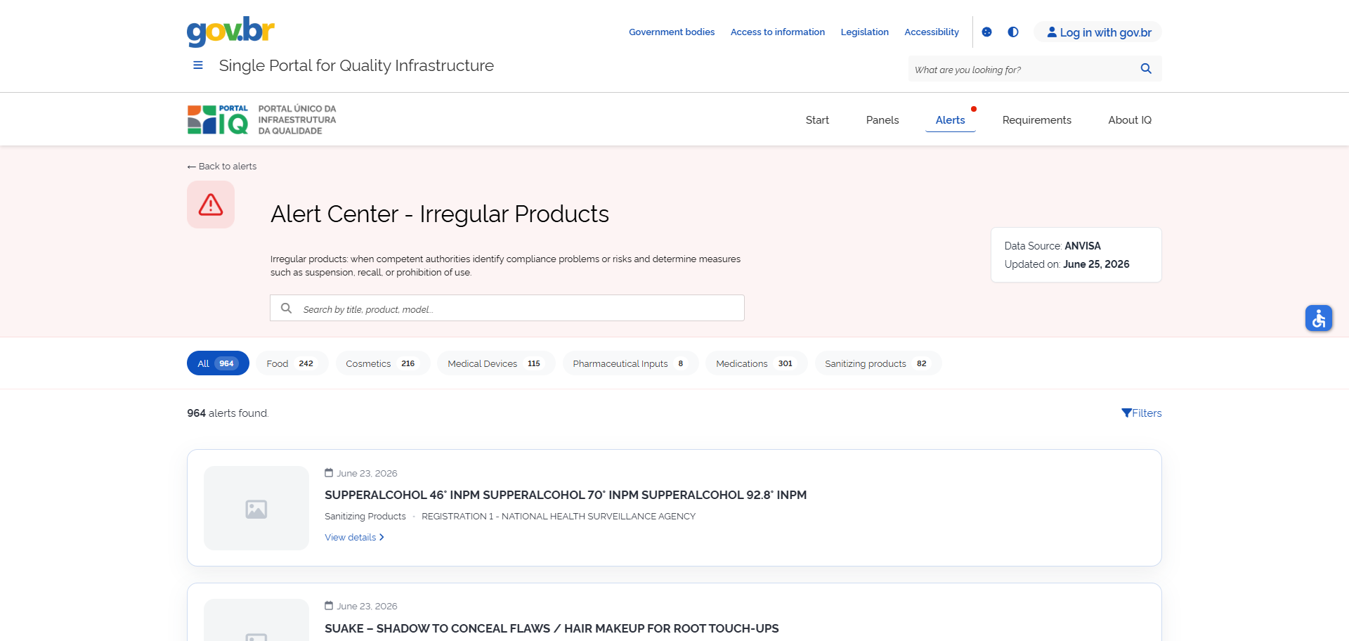 Alert centre for irregular products, with source and update date